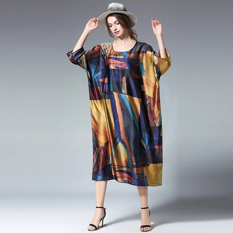 Abiti Vintage Stampa Vestito Donna Mezze Allentato Plus Maniche Party 1 Stain Silk Qualità Dress 2018 Size Primavera Estate Alta Di Casual Da HE92DI