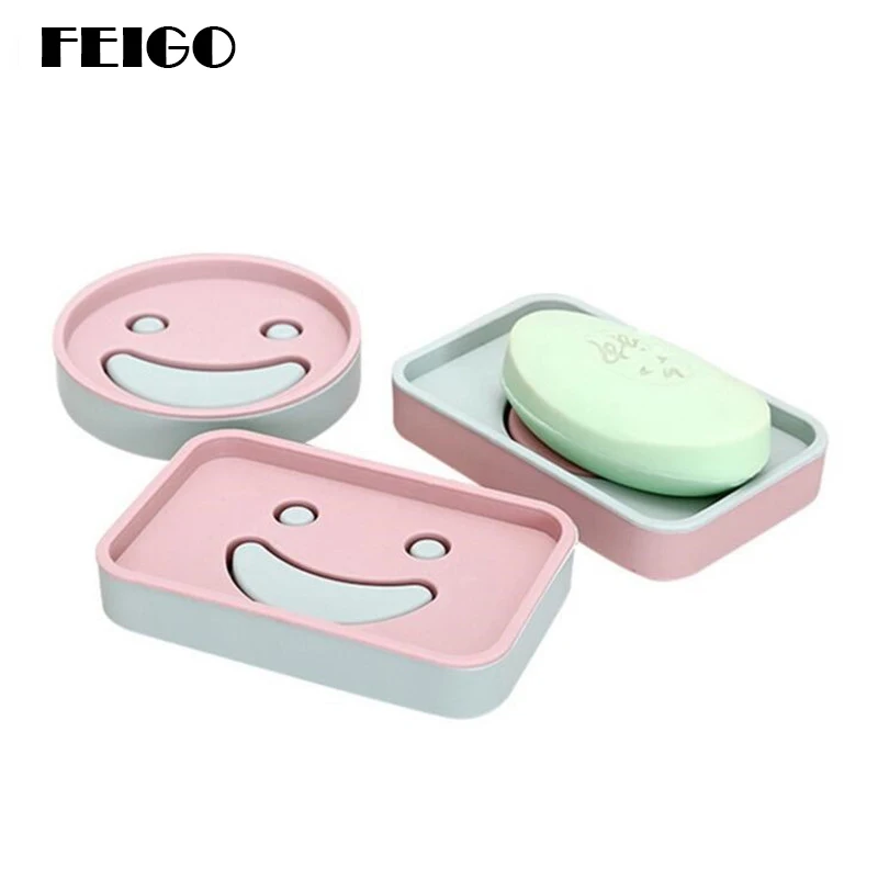 

FEIGO Smiley Face Design Plastic Soap Dishes Kitchen Bathroom Accessory Home Hotel Box Draining Holder Round/Square Shape F500
