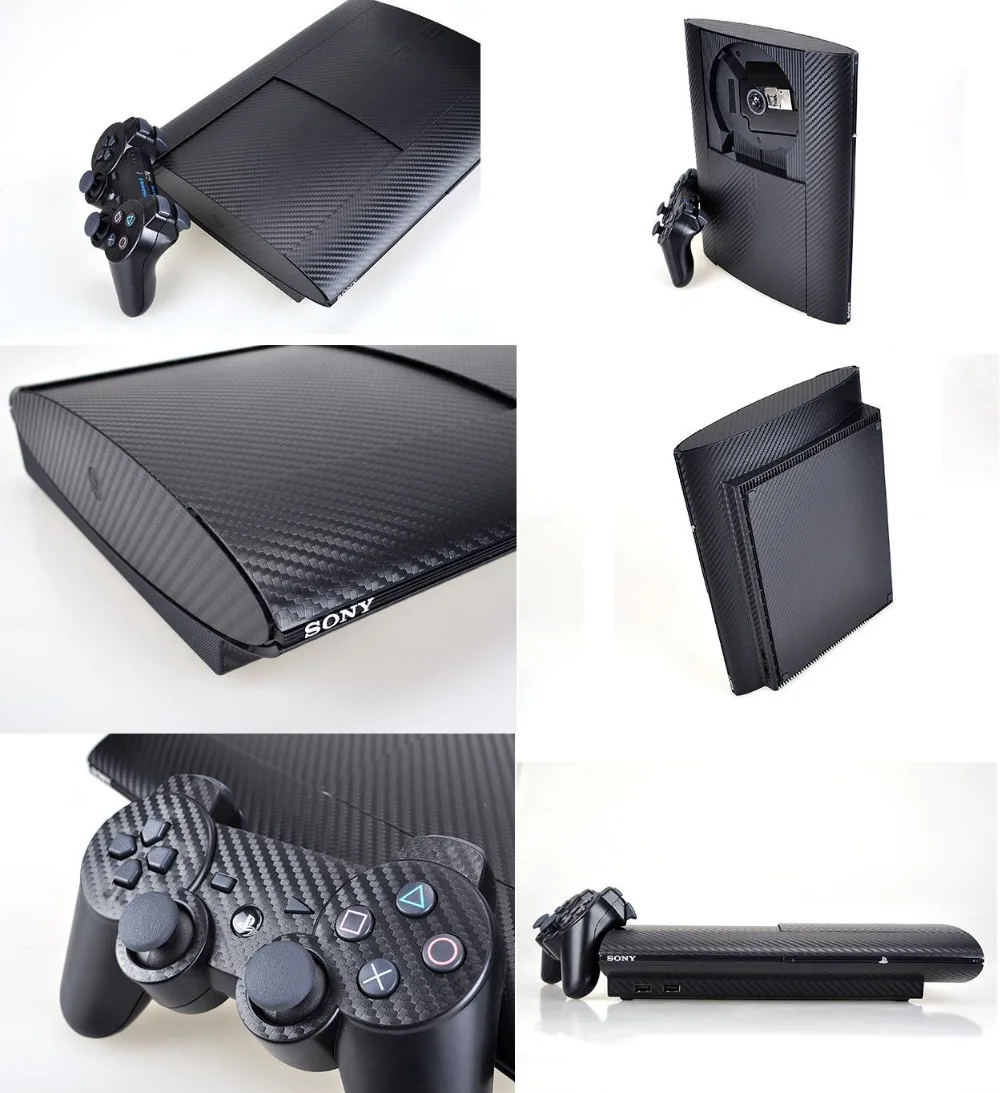 

Black Carbon Fiber Vinyl Skin Sticker Protector for Sony PS3 Super Slim 4000 and 2 controller skins Stickers