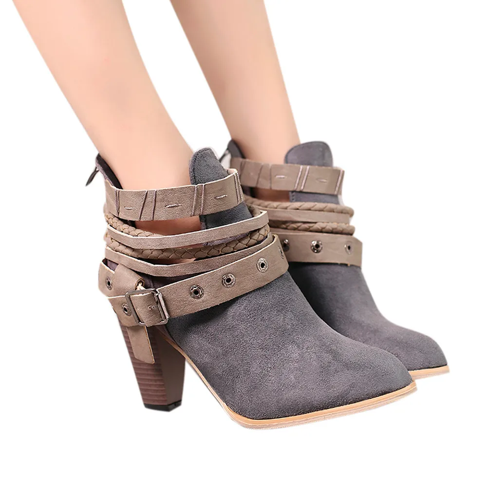 YOUYEDIAN Women Belt Buckle Short Boots Knight Ladies Boots Shoes Boot Ankle Boots High Heel Boots Fashion Point Toe #G4
