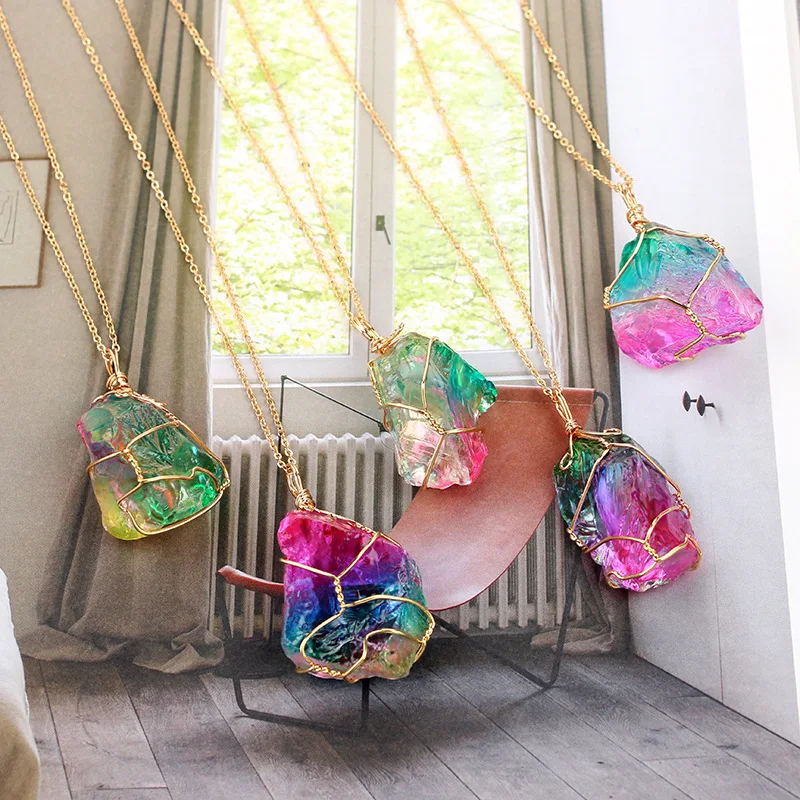 Colorful Striped Fluorite Quartz Crystal Stone Crystal Natural Fluorite Stone Pendants Necklace Hanging Decor Home Decoration