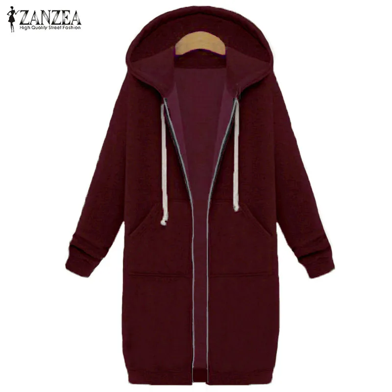  Oversized 2019 Autumn ZANZEA Women Casual Long Hoodies Sweatshirt Coat Pockets Zip Up Outerwear Hoo