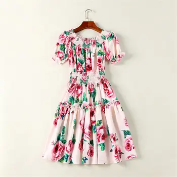 

Summer Dresses 2018 High Quality Women Designer Runway Dress Slash Neck Short Sleeve Printed Casual Dress DX0660N