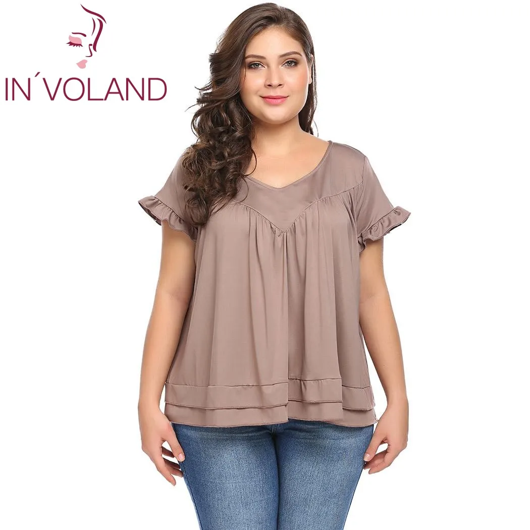 

IN'VOLAND Women T-Shirts Tops Plus Size V-Neck Short Sleeve Solid Pleated Ruffle Party Tshirt Feminino Base Tees Oversized 4XL