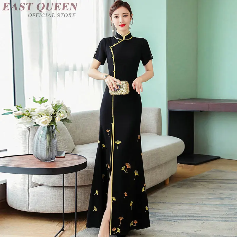 Черное макси Cheongsam элегантное китайское платье Лето Aodai сексуальное восточное платье Qipao Ao Dai вьетнамское традиционное платье TA1750