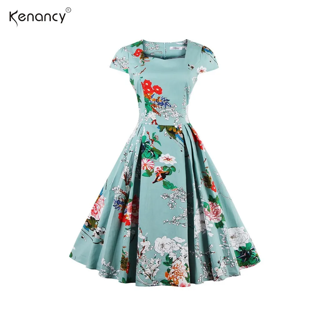 

Kenancy 4XL Plus Size Floral Rockabilly Vintage Green Dress Women Retro Sweetheart Neck Cape Sleeve Elegant Party Gown Dress