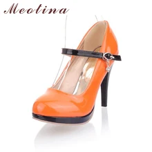 Fashion Women Shoes Pumps Closed Toe Platform Spring Mary Jane Party Thin High Heels Ladies Rhinestone Black Shoes Orange