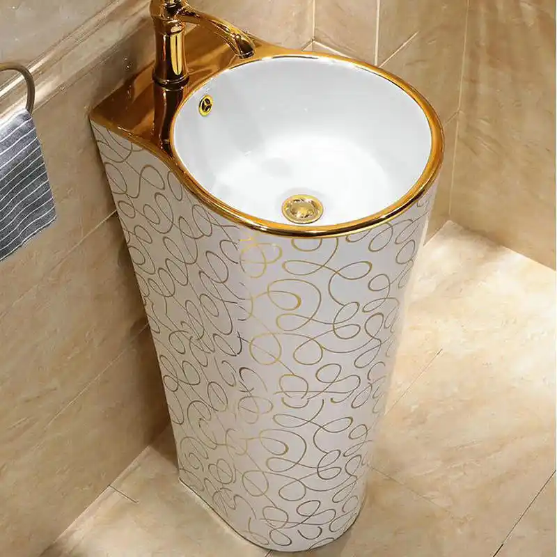 Mosaic Gold Stylish Round Pedestal Sink Ceramic Bathroom Sink With