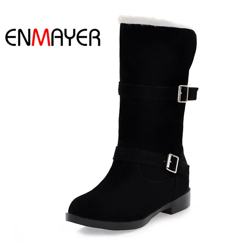 

ENMAYER Snow Boots Winter Warm Slip-on Shoes Casual Cotton Flock Buckle Women's Mid-Calf Women Boots Round Toe Female Shoes