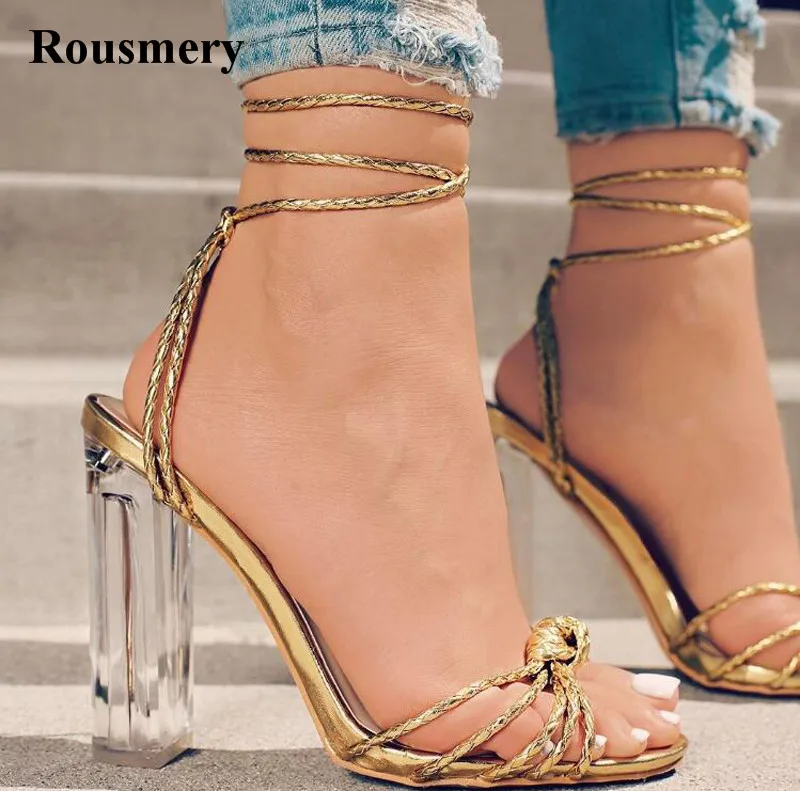 New Design Women Fashion Knotted Design Ankle Strap Transparent Thick Heel Sandals Lace up Open 