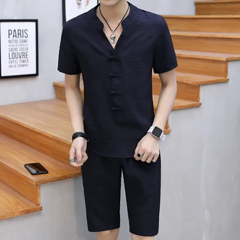 

Summer Short Sets Men Casual Suits Linen Tracksuit Stand Collar Male Outwear T Shirt +pants Chinese Traditional Costume Men 5XL