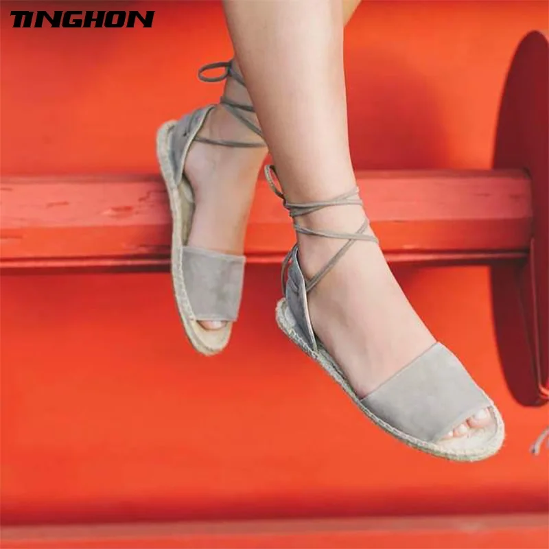 TINGHON/Модные женские эспадрильи; парусиновая Обувь На Шнуровке в римском стиле с ремешком на лодыжке; сандалии на плоской подошве в римском стиле