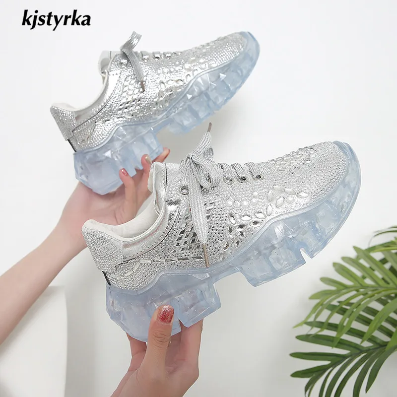 

lace-up silver glitter Rhinestone Fashion Dad Shoes Platform Sneakers Transparent Jelly Sole Breathable Mesh crystal Sneakers