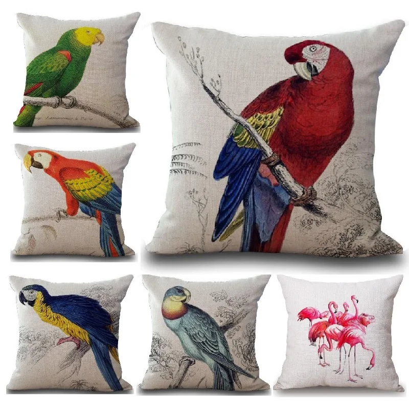 

Parrot Cushion Case Linen Printed Birds Patterns Cover Car Sofa Throw Pillows Decorative Pillowcase almofada decorativos cojines