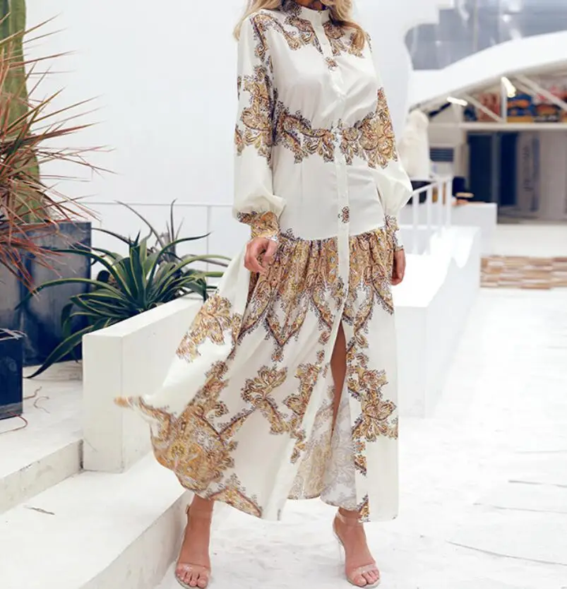 Белый Пейсли печати Элегантный женское платье Лето boho Макси для пляжного отдыха