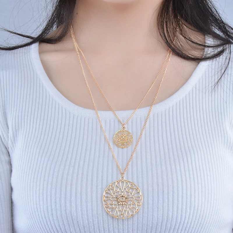 

Ingesight.Z Fashion Hollow Round Flower Pendant Double Layer Long Chain Choker Necklace for Women Pendant Necklace Beach Jewelry