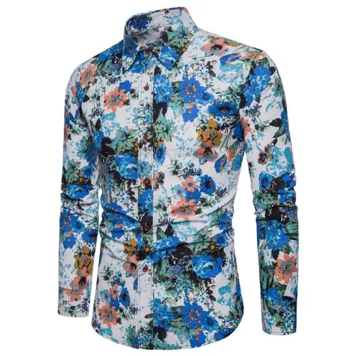 Мужские льняные цветные Гавайские рубашки с цветочным принтом, модные мужские рубашки размера плюс M-5XL с длинным рукавом в национальном стиле - Цвет: CS42