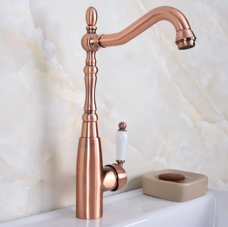 Antique Red Copper Brass Single Ceramic Handle Bathroom Kitchen Basin Sink Faucet Mixer Tap Swivel Spout Deck Mounted mnf634
