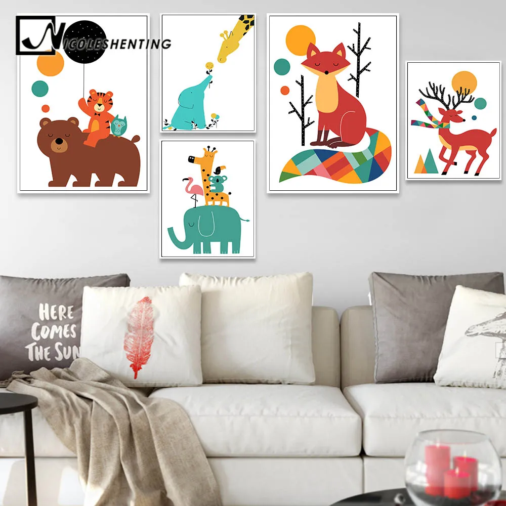 

Nordic Art Cartoon Bear Elephant Tiger Minimalism Poster Canvas Painting Kawaii Cartoon Wall Picture Print Baby Room Decoration