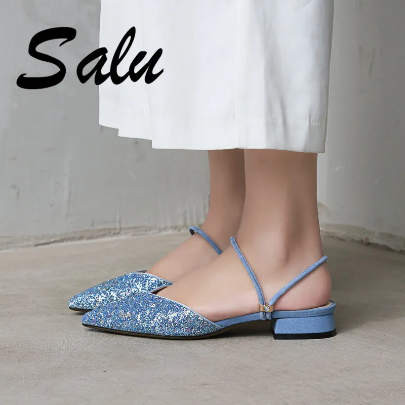 

Salu Women Sandals Summer Genuine Leather Shoes Woman Ladies Square Low Heeled Sandals Women Comfort Casual Shoes