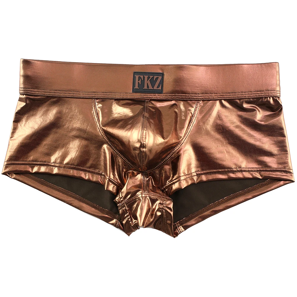 Men Boxer Shorts Sexy Male Low Rise PU Leather U Bulge Underwear Gay Party Club Boxers Shorts Bikini Underpants Cueca - Цвет: Coffee
