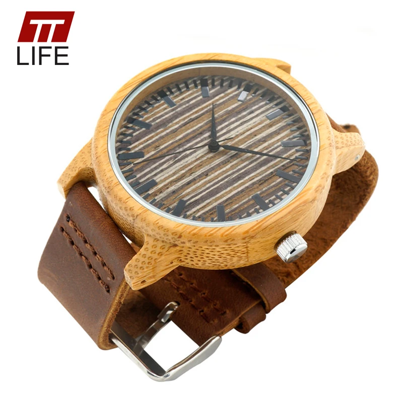

TTLIFE 100% Natural Ebony Wood Handmade Mens Watch Genuine Leather Band Bamboo Case Environmental Wood Dial Quartz Watches A17