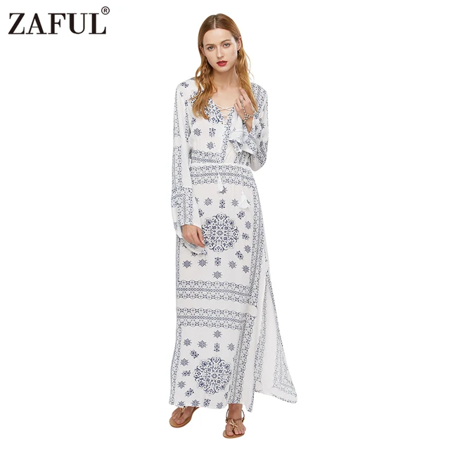 ZAFUL Новый Бренд Женщин 2016 Новый Boho Этническая Винтаж Отпечатано Maxi Dress Long Flare Рукавом Ретро Случайные Платья Плюс размер