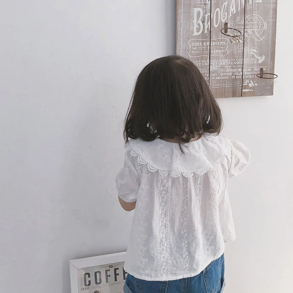 Toddler Clothes Kid Blouse Korean Lace Collar Baby Girl Short Sleeve Summer New Cute Bubble Sleeve Doll Lace White Shirt