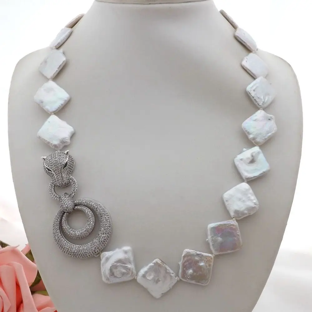 

GE071607 22" White Square Keshi Pearl Necklace CZ Pendant