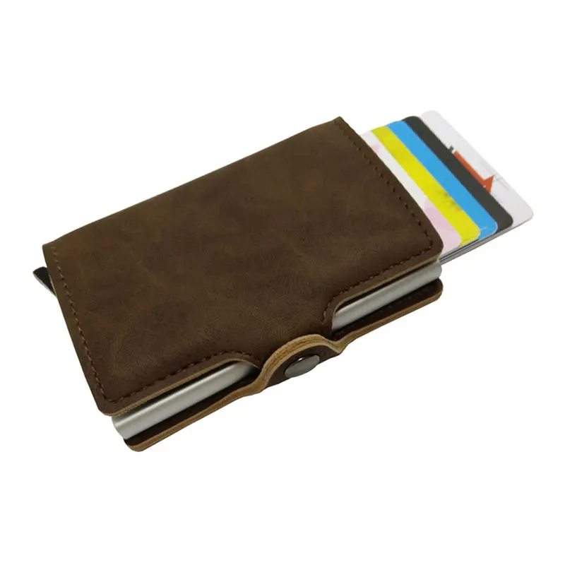 RFID Блокировка винтажный автоматический кожаный кредитный держатель для карт для мужчин алюминиевый сплав Металл Бизнес ID многофункциональный держатель для карт кошелек