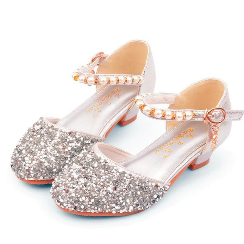 Spring Autumn New Children Leather Shoes Casual Girls Princess Small high-heeled Party Fashion Sequins Pearl Kids |