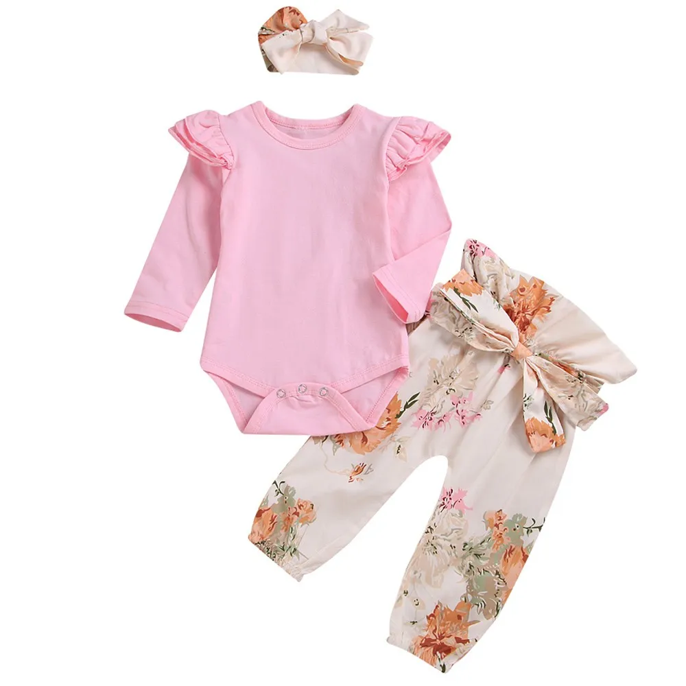 

Baby Girl Clothes Long Sleeve Cotton Kids Clothes Infant Baby Girls Solid Romper Tops Floral Pants Trousers Hair Band Outfits