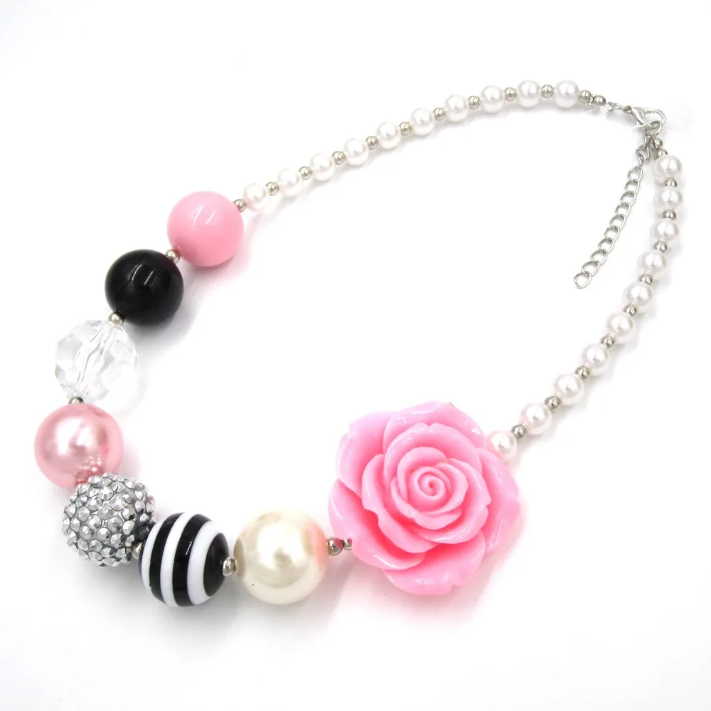 

2017 Charm chunky beads necklace with PINK flower baby girl chunky bubblegum necklace for child kids gift jewelry