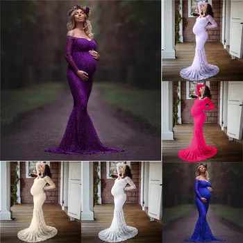 

Maternity dresses Womens Pregnant Sexy Photography Props Off Shoulders Lace Nursing Long Dress maternity dresses for photo shoot