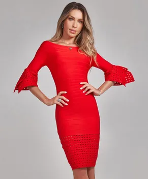 

TOP QUALITY Ladies HL Bandage Dress Jacquard Half Sleeve Sexy Bodycon Knee Length Dress Elegant Evening Party Dress