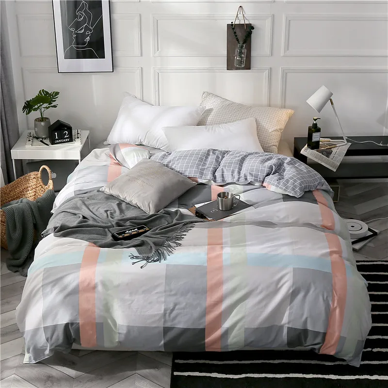 Concise Style duvet cover pink gray stripes quilt cover comfortable