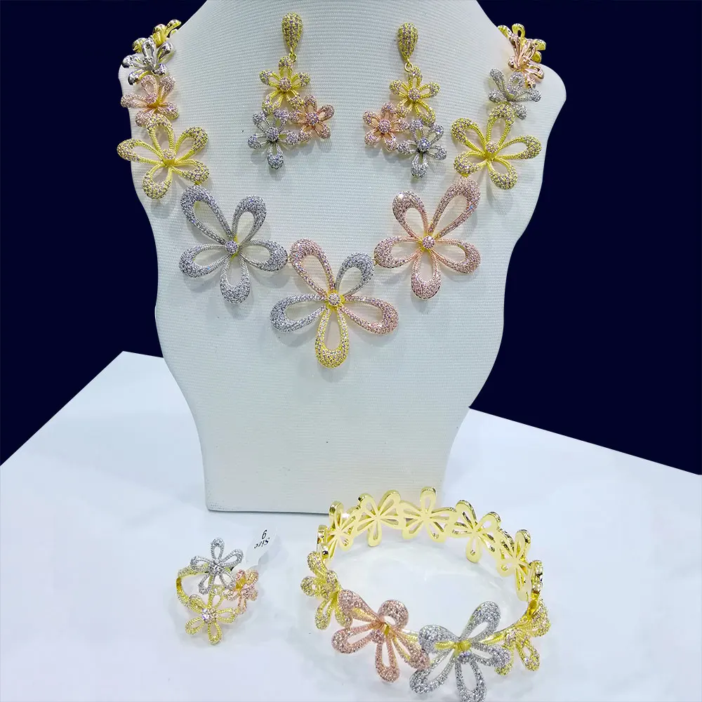 GODKI Luxury 3 Tone Flower 4PCS Nigerian Jewelry sets For Women Wedding Cubic Zircon Crystal CZ Bridal Earring Ring Sets 2019
