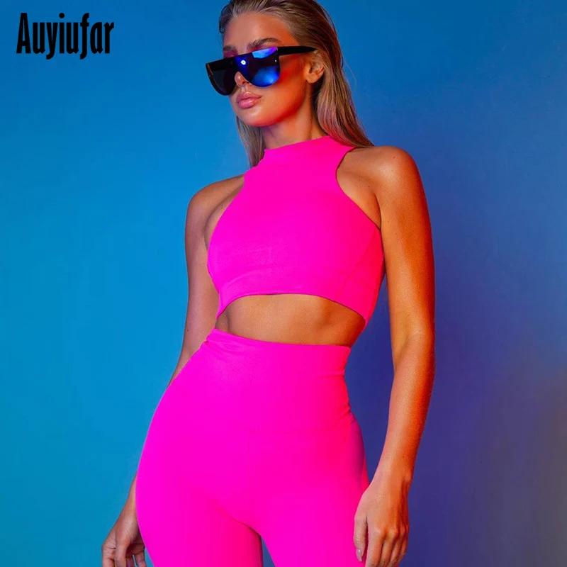 

Auyiufar Tracksuit for Women Pink Outfit Zipper Sleeveless Bra And Jeggings High Waist Solid Two Piece Set Skinny Sporty Sets