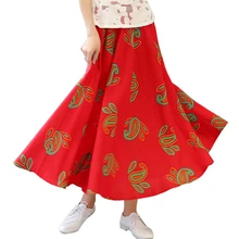 Новая красная плиссированная юбка в китайском стиле юбка с цветочным принтом и эластичной резинкой на талии весенне-осенняя Летняя Расклешенная юбка до щиколотки