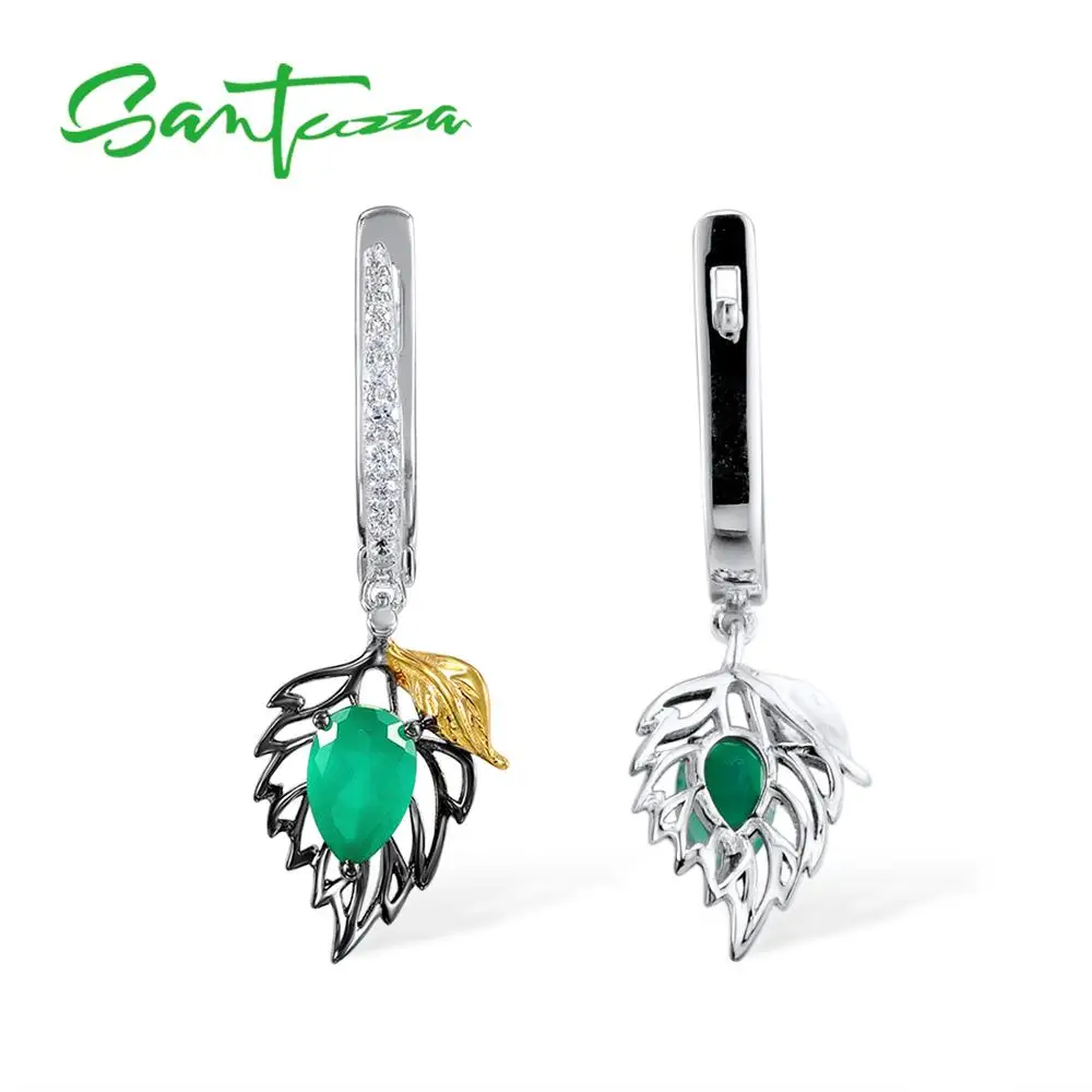 Skup SANTUZZA 925 Sterling Silver gruszka zielony agat spadek kolczyki biżuteria okrągły biała cyrkonia typu kostka wiszące kolczyki kobiet dla kobiet