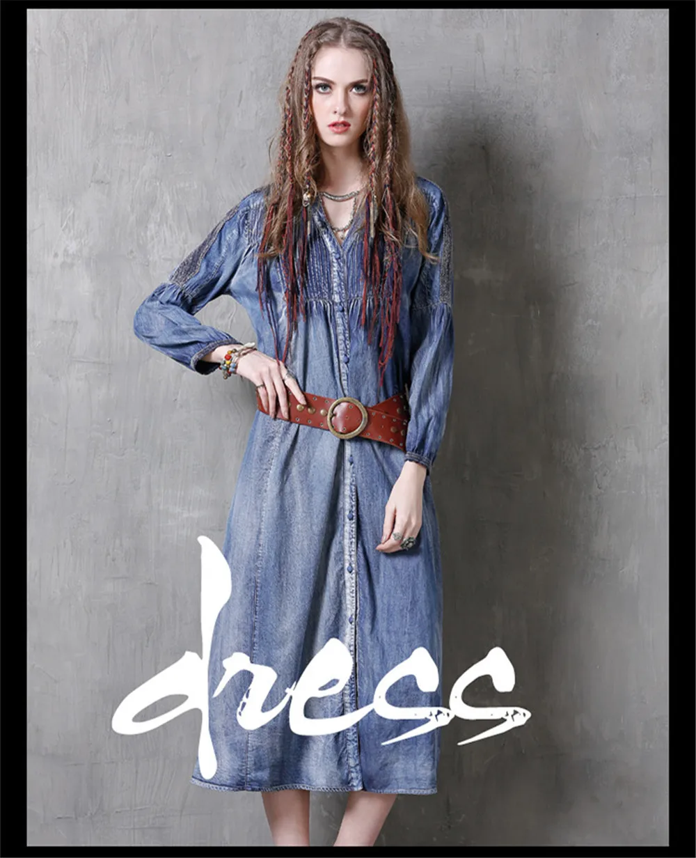 Vintage Spring Dress 2018 New Long Sleeve Denim Dresses V-Neck Patchwork Single Breasted Dress Women Vestidos Autumn Vestido (14)