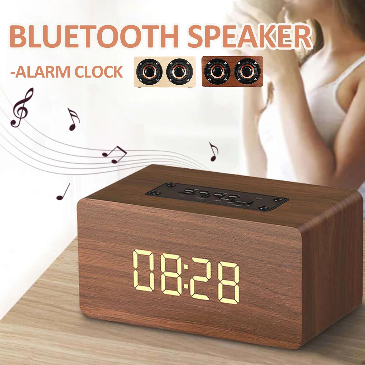 

2 In 1 LED Display Portable Wood Wireless Bluetooth Speakers Alarm Clock 2 Ways For Model W5-CLOCK Card Sound Soundbar Speaker