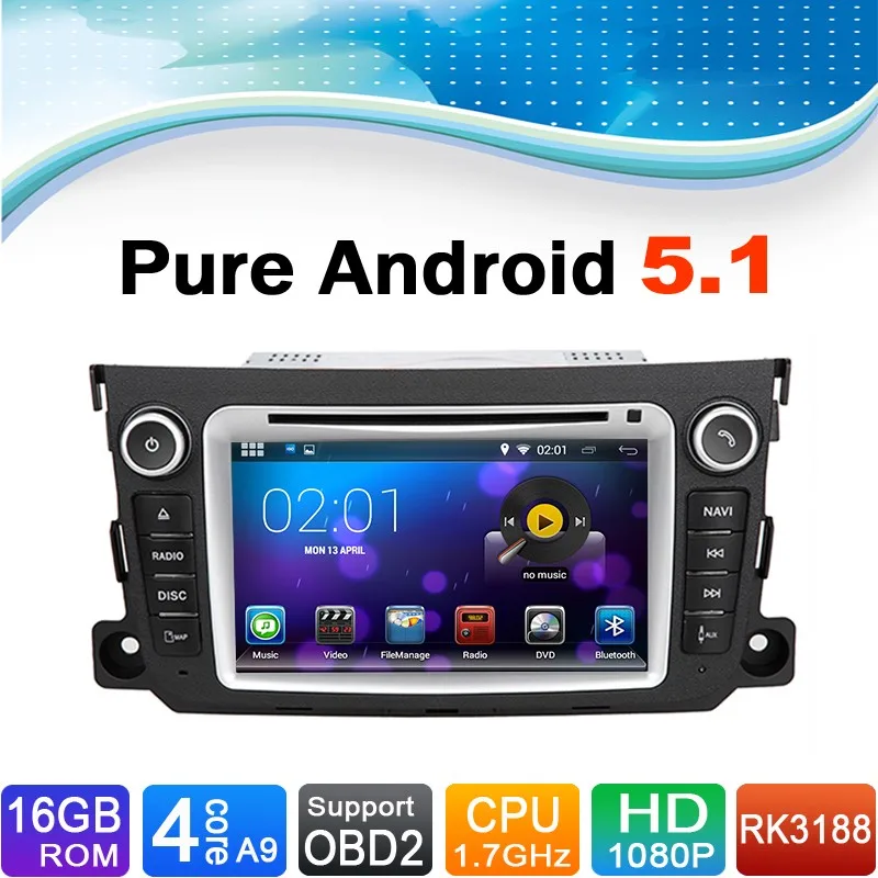 Sale 16 GB Flash, 4 Core,  HD 1024X600, Pure Android 5.1 Car DVD GPS for Mercedes-Benz Smart Smart Fortwo 2011 2012 13