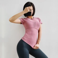 SOISOU Топ спортивный Быстросохнущий плотный Топ Для Йоги высокая эластичность тонкий крой o-образным вырезом с короткими рукавами Deporte Mujer тренировочная одежда