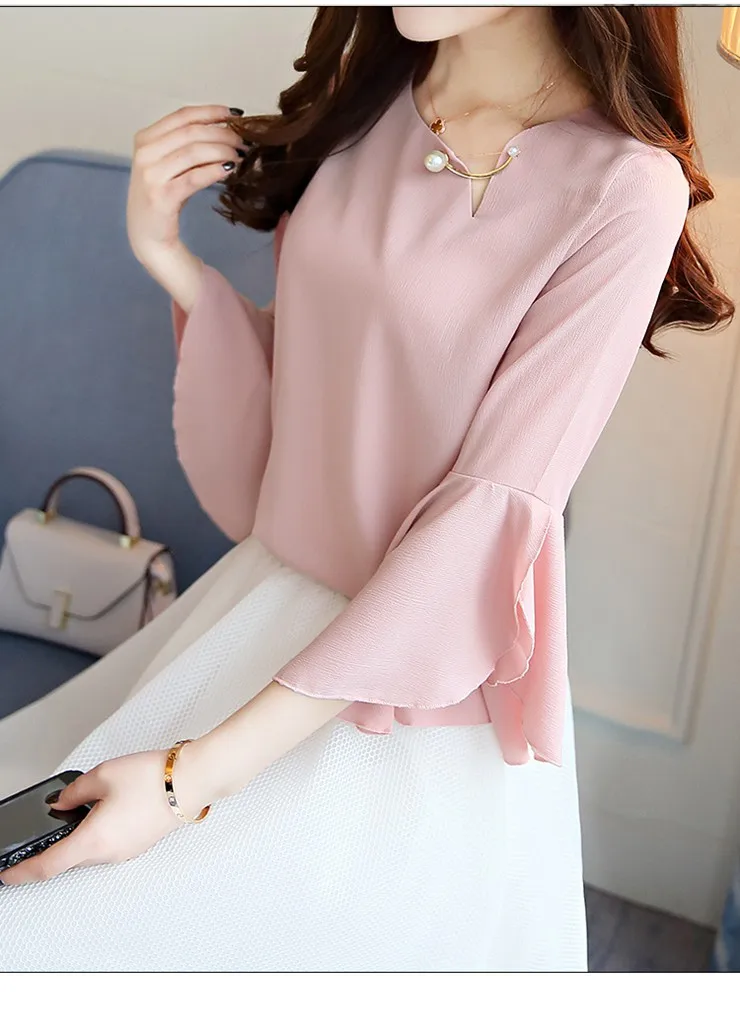 Women Blouses 2018 Elegant Summer Shirts Ladies Solid O-Neck Three Quarter Sleeve Blusas Femininos Casual Pink Tops Ete (4)