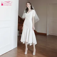 Свадебные платья длиной до середины икры с коротким рукавом Простые Свадебные платья трапециевидной формы с v-образным вырезом в стиле кантри Vestido Noiva G2553