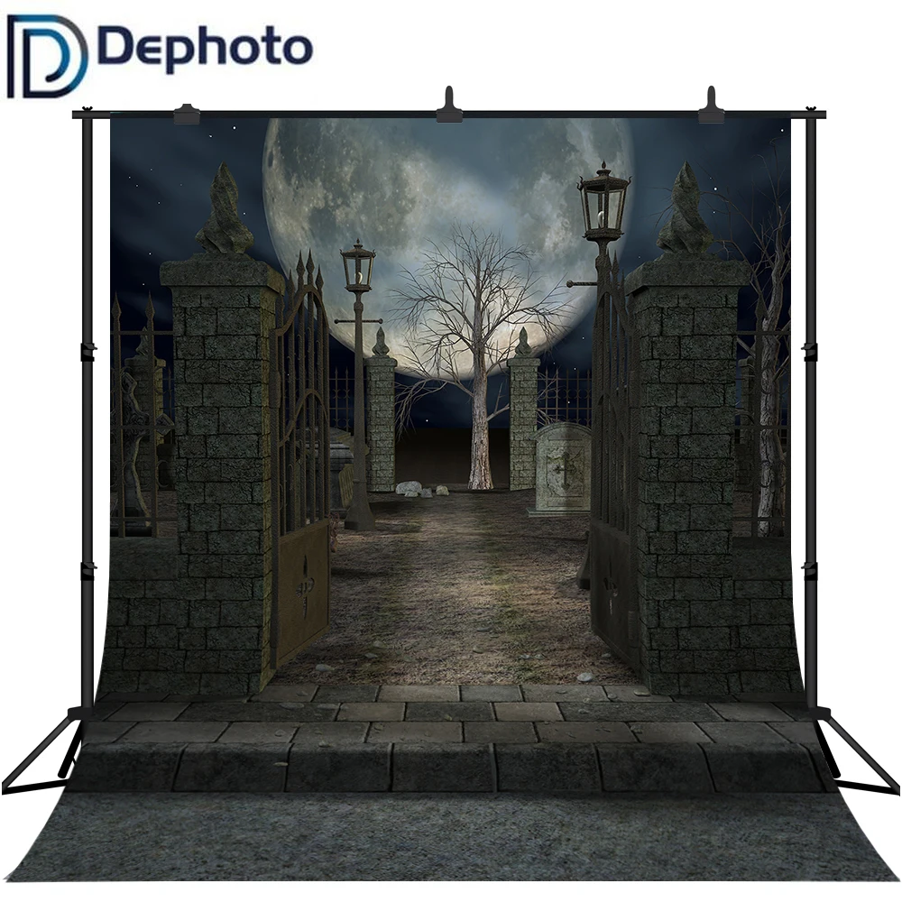 

Dephoto Halloween Photography Backdrop Haunted Cemetery Gate Full Moon Horror Night Scary Doorway Gloomy Background studio Props