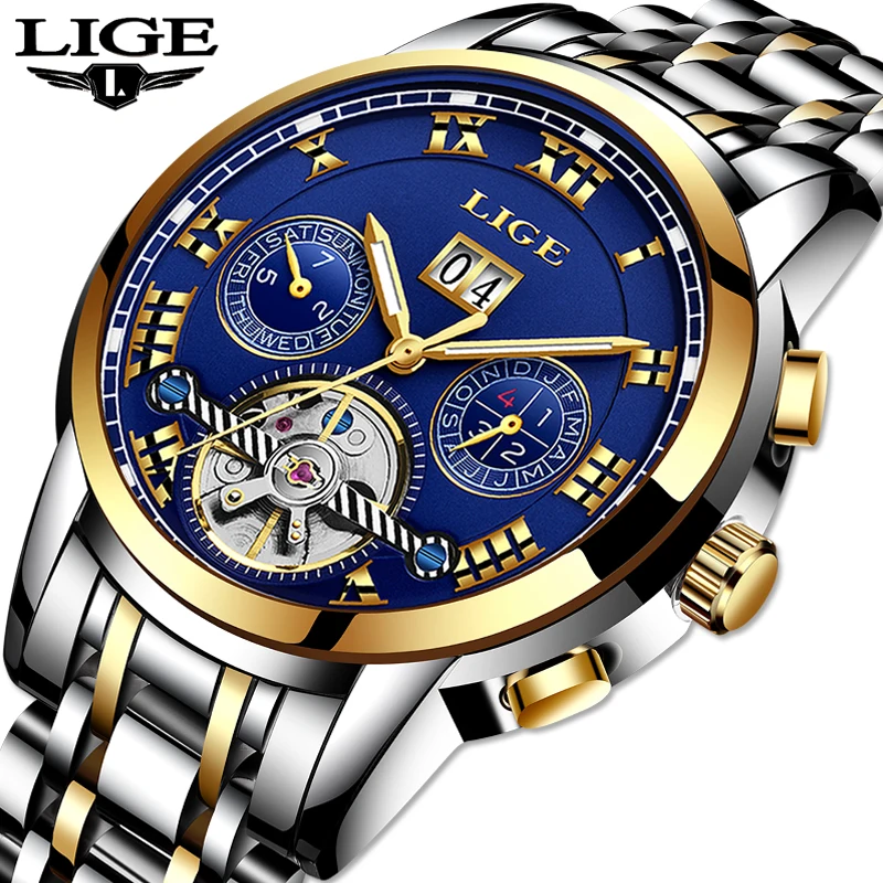 

LIGE Top Brand Luxury Carnival tourbillon men Stainless Steel Automatic machine Waterproof Busines watch relogio masculino