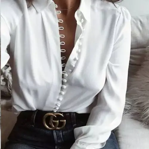 Модная женская Свободная шифоновая блузка с длинным рукавом, Летняя Повседневная белая рубашка с v-образным вырезом - Цвет: Белый