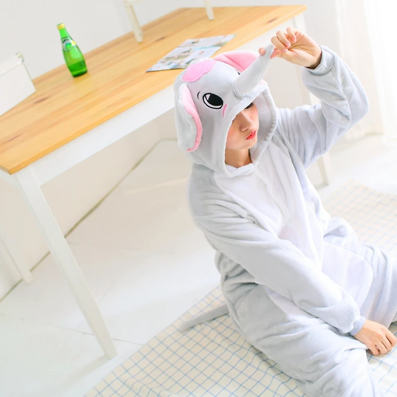 Для взрослых кигуруми Onesie аниме женский костюм слон Хэллоуин косплей мультфильм животных пижамы зимние теплые фланелевые пижамы с капюшоном